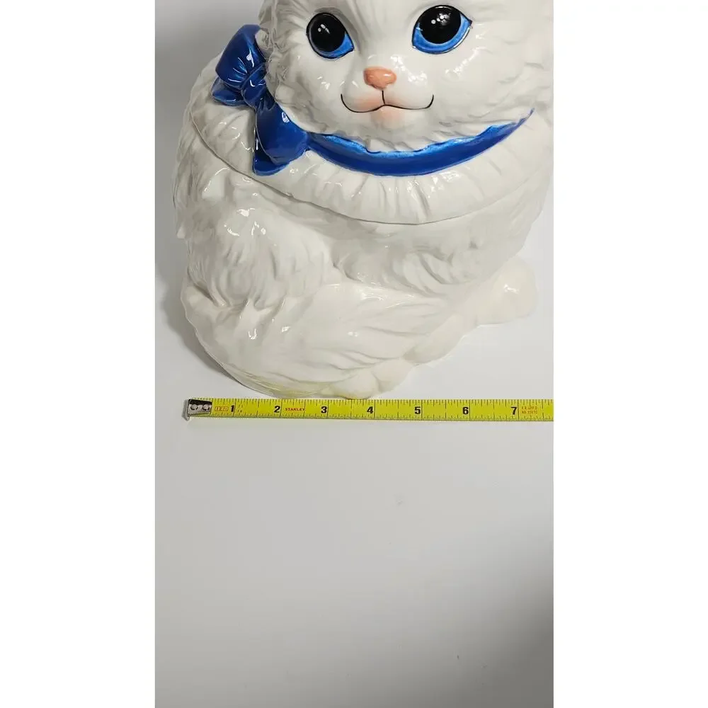 Vintage 80s Ceramic White Persian Cat Cookie Jar Blue Ribbon Bow Made in Japan